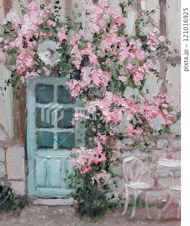 Summer door surrounded by pibk flowers hand drawn oil painting. Spring picture with building wall in impressiomism style. 121016925