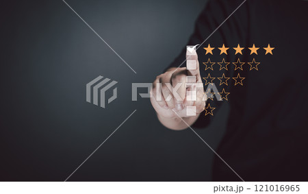 Customer satisfaction concept. Customer services best excellent business rating experience. survey opinion review. right mark emoticon on a wooden figurines indicates satisfaction for five star 121016965