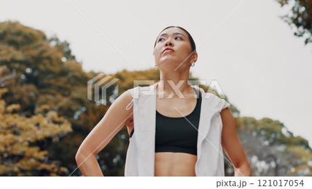 Woman, running and thinking on break in nature, fitness and outdoor for dream of weight target. Female person, urban park and reflection on exercise results, resting and cardio workout in Japan Woman, running and thinking on break in nature, fitness and outdoor for dream of weight target. Female person, urban park and reflection on exercise results, resting and cardio workout in Japan 121017054