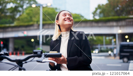 Happy, asian woman and travel with bicycle in city for business commute, destination or location. Japan, female person or employee with smile or dream for job or career opportunity in an urban town 121017064