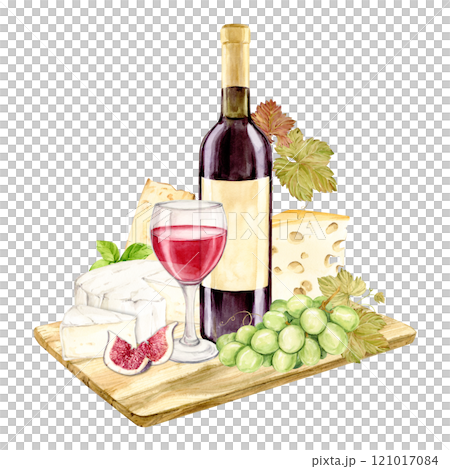 Red wine and snack served on a wooden board. Bottle, glass, green grapes, brie and cheddar cheese and figs. Composition for restaurant menu or wine list design. Clipart in rustic style. Red wine and snack served on a wooden board. Bottle, glass, green grapes, brie and cheddar cheese and figs. Composition for restaurant menu or wine list design. Clipart in rustic style. 121017084