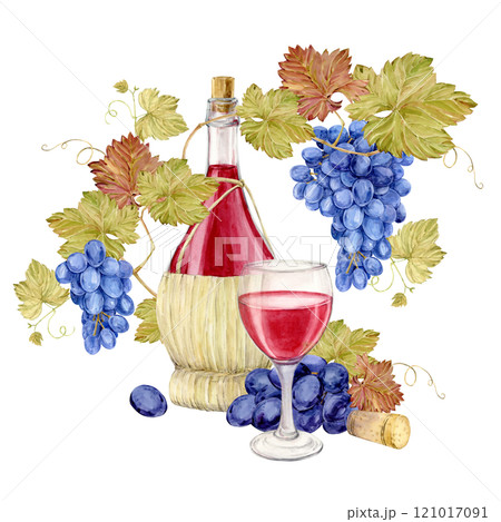 Bottles of red wine in a wicker basket sealed with a cork. Watercolor illustration of a glass in basket woven from a straw rod. Clipart for wine tasting or wine list design. Bottles of red wine in a wicker basket sealed with a cork. Watercolor illustration of a glass in basket woven from a straw rod. Clipart for wine tasting or wine list design. 121017091