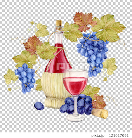 Bottles of red wine in a wicker basket sealed with a cork. Watercolor illustration of a glass in basket woven from a straw rod. Clipart for wine tasting or wine list design. Bottles of red wine in a wicker basket sealed with a cork. Watercolor illustration of a glass in basket woven from a straw rod. Clipart for wine tasting or wine list design. 121017091