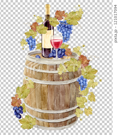 Watercolor wooden oak barrel for storing fermented wine. Red wine bottle with old paper label. Illustration for tasting, menu, cafe, bar, posters and wine list design. 121017094