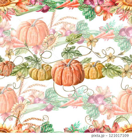 Seamless pattern with pumpkins. Watercolor illustration on the theme of harvest for the design of ecological farm products, fair products, printing on packaging and fabric. 121017109