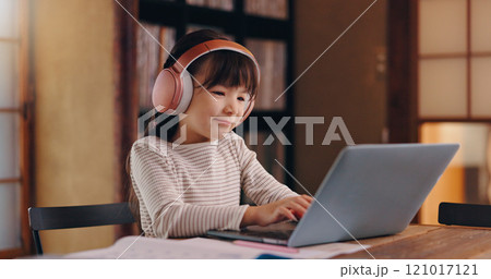 Elearning, typing and child with laptop, headphones and education for girl, listening or studying. Home, happy and online and practice for exam, audio and podcast for knowledge, smile or kid in Japan Elearning, typing and child with laptop, headphones and education for girl, listening or studying. Home, happy and online and practice for exam, audio and podcast for knowledge, smile or kid in Japan 121017121