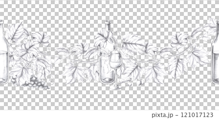 Seamless border with wine bottle, vine and glass. Isolated pencil illustration in realistic style for bar card design, fabric printing, menu design, alcoholic beverages. Seamless border with wine bottle, vine and glass. Isolated pencil illustration in realistic style for bar card design, fabric printing, menu design, alcoholic beverages. 121017123