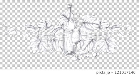 Composition with a bottle of wine entwined with grapes and a glass. Isolated pencil illustration in a realistic style for the design of postcards, bar menu, menu design, alcoholic beverages. Composition with a bottle of wine entwined with grapes and a glass. Isolated pencil illustration in a realistic style for the design of postcards, bar menu, menu design, alcoholic beverages. 121017140