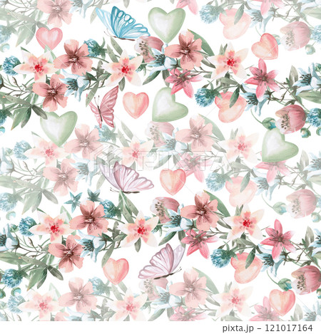 Seamless pattern with wavy borders with fabulous wild flowers. Watercolor illustration in fantasy style for children's room design, printing on fabric, packaging, postcards. Seamless pattern with wavy borders with fabulous wild flowers. Watercolor illustration in fantasy style for children's room design, printing on fabric, packaging, postcards. 121017164