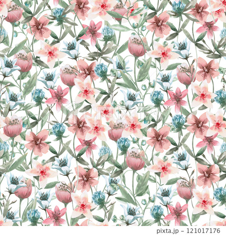 Seamless pattern with fabulous wild flowers. Watercolor illustration in fantasy style for children's room design, printing on fabric, packaging, postcards. Seamless pattern with fabulous wild flowers. Watercolor illustration in fantasy style for children's room design, printing on fabric, packaging, postcards. 121017176