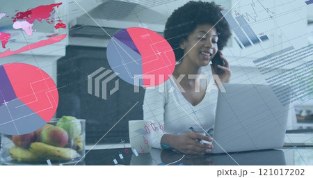 Image of financial data processing over african american woman using laptop Image of financial data processing over african american woman using laptop 121017202