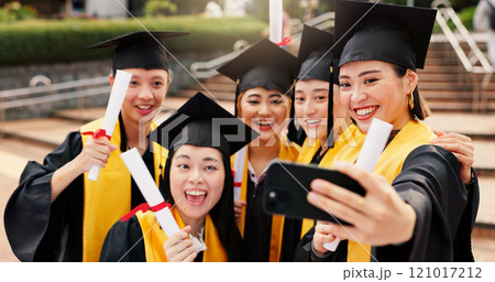 People, university student and smile on graduation with selfie for social media or profile picture in Japan. Friends, campus and happy with scroll for memories, success or achievement as classmates People, university student and smile on graduation with selfie for social media or profile picture in Japan. Friends, campus and happy with scroll for memories, success or achievement as classmates 121017212