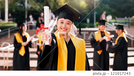 Graduation, student and portrait with diploma outdoor for celebration, education success and degree ceremony. Japanese university, girl and certificate on campus for learning goals and academic pride 121017243