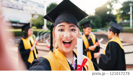 Woman, university student and happy on graduation with selfie for social media or profile picture in Japan. Female person, campus and smile with scroll for memories success or achievement on portrait Woman, university student and happy on graduation with selfie for social media or profile picture in Japan. Female person, campus and smile with scroll for memories success or achievement on portrait 121017278