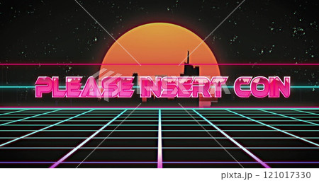 Image of please insert coin text over digital city and sun on black background 121017330