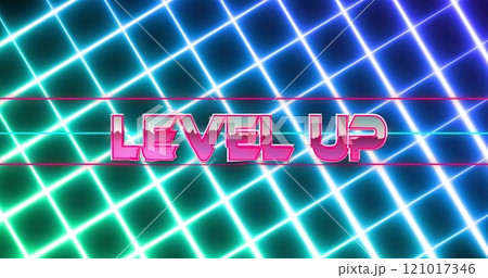 Image of level up text over neon lines on black background Image of level up text over neon lines on black background 121017346