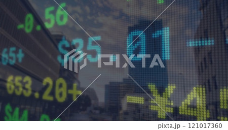 Image of financial data processing over cityscape 121017360