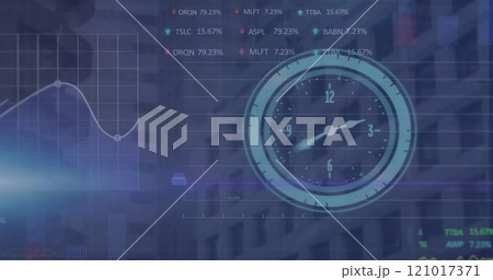 Image of clock and financial data processing over cityscape Image of clock and financial data processing over cityscape 121017371