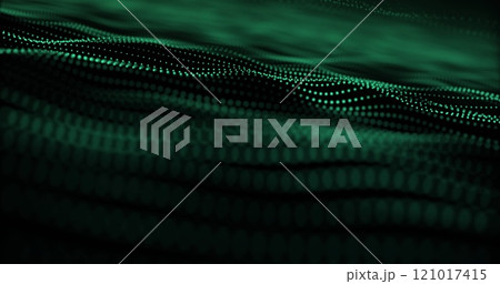 Image of glowing green mesh light trails moving over black background 121017415