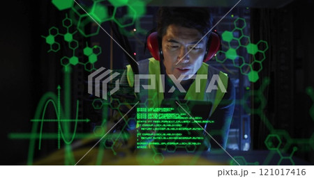 Image of data processing with brains over asian male worker in server room 121017416