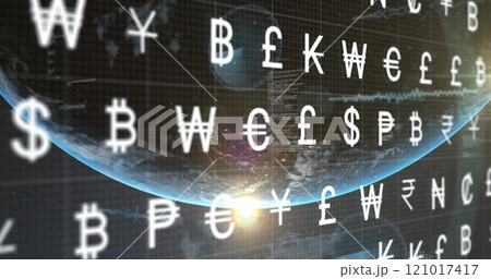 Image of world currency symbols moving over globe and sun in space 121017417