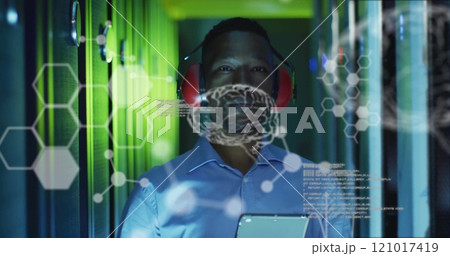 Image of data processing with brains over african american businessman in server room 121017419