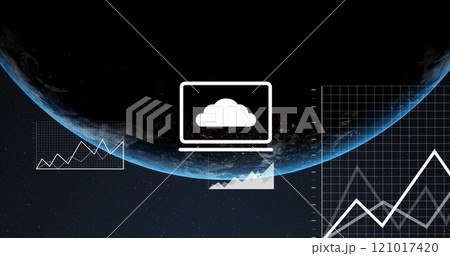 Image of digital media icons and charts processing data over globe in space 121017420