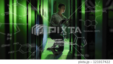 Image of data processing and chemical formula over caucasian businesswoman in server room 121017422