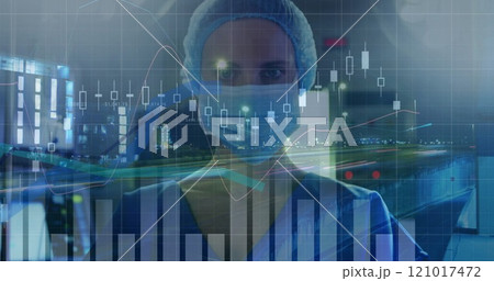 Image of statistics and data processing over caucasian female surgeon Image of statistics and data processing over caucasian female surgeon 121017472