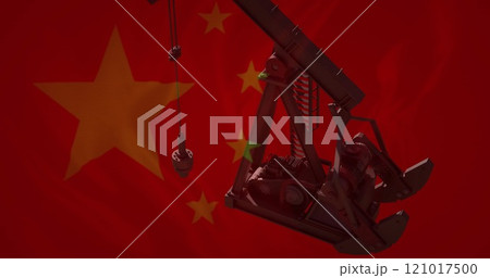 Image of pumping oil derrick over flag of china 121017500