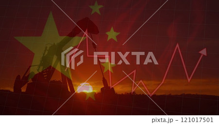 Image of graph and pumping oil derrick at sunset over flag of china 121017501