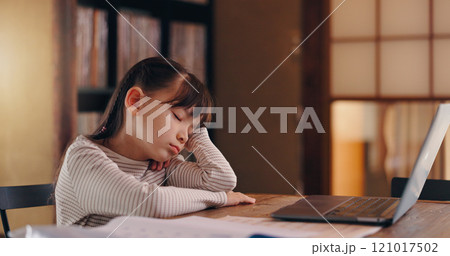 Girl, child and tired with homework, reading and exhausted with learning disability, burnout or adhd in family house. Kid, sad and thinking with laptop, rest and online course for education in Japan 121017502