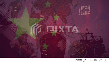 Image of ships and data processing over flag of china 121017504