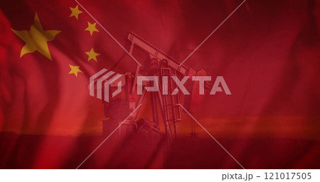 Image of flag of china over pumping oil derrick 121017505