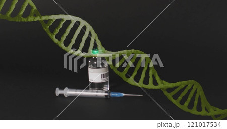 Image of dna strand and data processing over vaccination 121017534