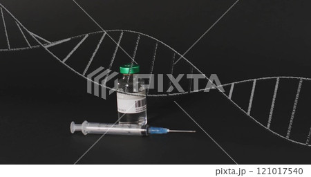 Image of dna strand and data processing over vaccination 121017540