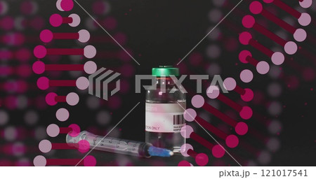 Image of dna strands and data processing over vaccination 121017541