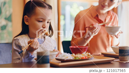 Mom, girl and chopsticks with eating, home or teaching for food, lunch or bonding with love in dining room. People, mother and daughter family house for meal, diet or nutrition with learning in Japan Mom, girl and chopsticks with eating, home or teaching for food, lunch or bonding with love in dining room. People, mother and daughter family house for meal, diet or nutrition with learning in Japan 121017565