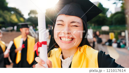 Graduation, student and selfie with diploma outdoor for celebration, education success and achievement memory. Japanese university, girl and photography on campus for learning goals or academic event 121017614