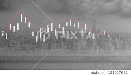 Image of data processing and diagrams over cityscape 121017631