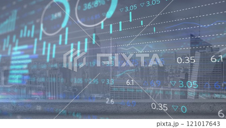 Image of stock market and diagrams over cityscape 121017643