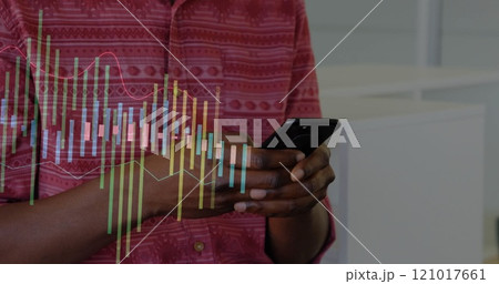 Image of financial data processing over african american man using smartphone Image of financial data processing over african american man using smartphone 121017661