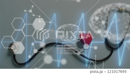Image of cardiograph with molecules and data processing over stethoscope 121017695