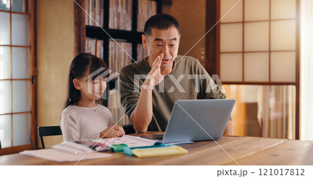 Asian father, daughter or laptop with video call for online learning, language tutoring or teaching at home. Japan, dad and child with computer for virtual classroom, lesson or homeschooling at house Asian father, daughter or laptop with video call for online learning, language tutoring or teaching at home. Japan, dad and child with computer for virtual classroom, lesson or homeschooling at house 121017812