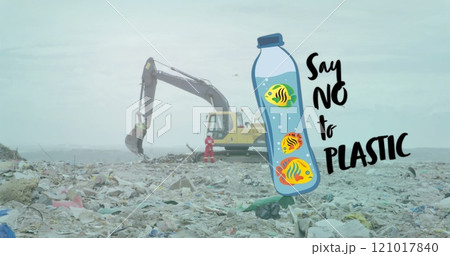 Image of say no to plastic text and bottle with fish over rubbish in landfill 121017840