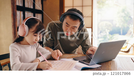 Asian dad, daughter and headphones with laptop for elearning, language tutoring or teaching at home. Japan, father or child writing with book or computer for online lesson or homeschooling at house Asian dad, daughter and headphones with laptop for elearning, language tutoring or teaching at home. Japan, father or child writing with book or computer for online lesson or homeschooling at house 121017866