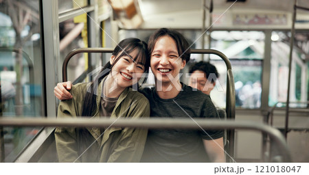 Portrait, happy couple and travel in cable car for vacation, tourism and holiday together in Japan. Face, man and woman hug in transport for love, adventure and bonding on journey to Mount Takao Portrait, happy couple and travel in cable car for vacation, tourism and holiday together in Japan. Face, man and woman hug in transport for love, adventure and bonding on journey to Mount Takao 121018047