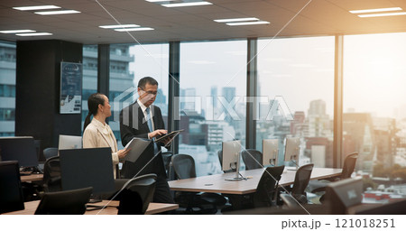 Tablet, walking or business people in office with legal advisor for court case, documents or research. Mature, lens flare or lawyer in city with attorney, feedback or paperwork at law firm in Japan 121018251