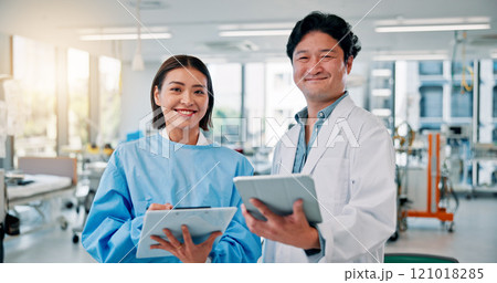 People, scientist and happy with tablet or clipboard at laboratory on meeting for medical research and results. Employees, portrait and collaboration with drug trial and vaccine report in Japan People, scientist and happy with tablet or clipboard at laboratory on meeting for medical research and results. Employees, portrait and collaboration with drug trial and vaccine report in Japan 121018285