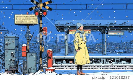 雪の降るホームで電車待ちをしている若い女性